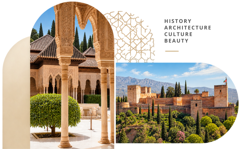 Collage of ornate arches, palatial architecture, and lush gardens
