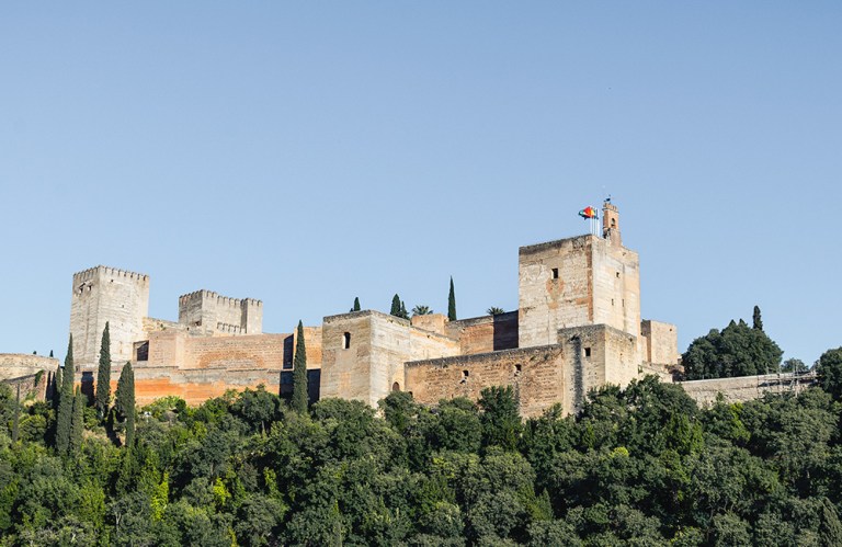 Historic stone fortress with towers on a hilltop, surrounded by trees.