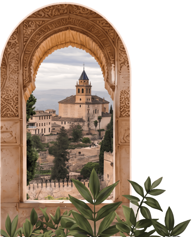 A scenic view of a historical building through an ornate arch, with leafy plants in the foreground.
